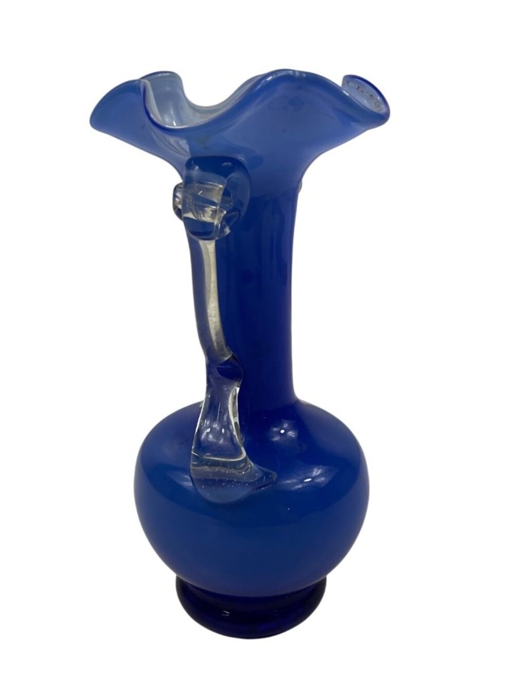 Handmade Cobalt Blue Glass Vase With Clear Swirl Handles & Ruffled Rim - Picture 5 of 12